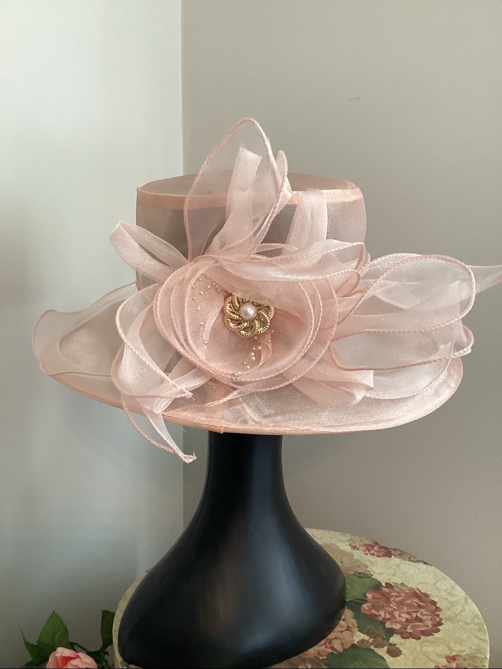 Elegant Organza Blush Organza Wide-Brim Hat Tea Parties, Horse Derby’s - Picture 5 of 9